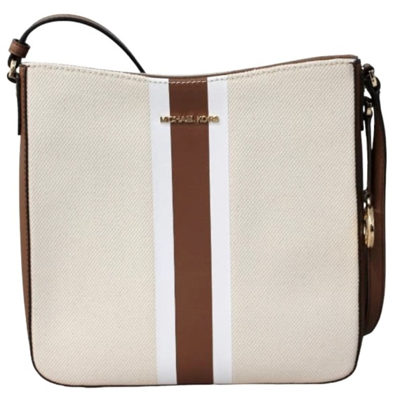 Michael Kors Handbags - Michael Kors Jet Set Travel Large Messenger, Cream canvas, Tan Stripe/accents